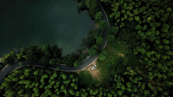 自然纪录片风格的航拍画面，晨雾中的山谷与蜿蜒河流，冷色调长焦镜头质感